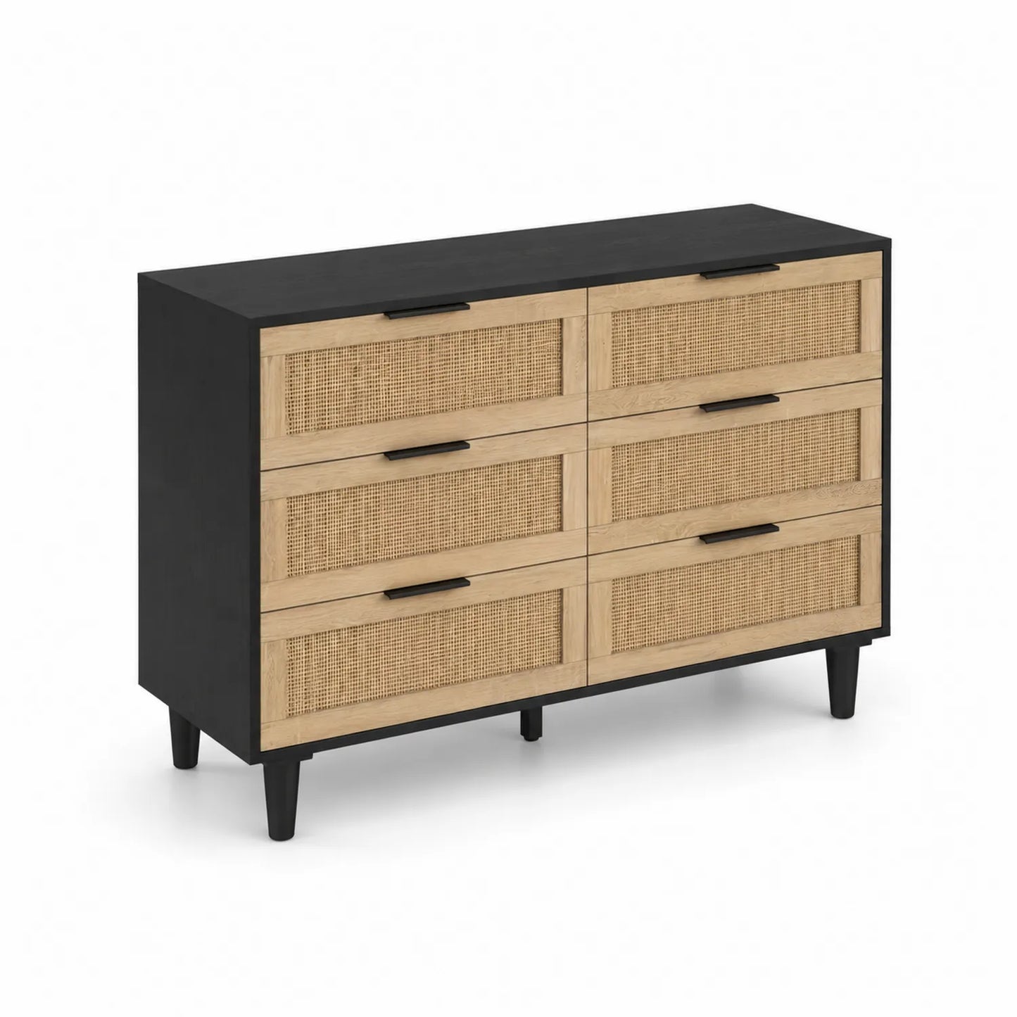 Kommode mit 6 Schubladen aus Holz und Rattan, Schwarz und Eiche, 120x40x80 cm
