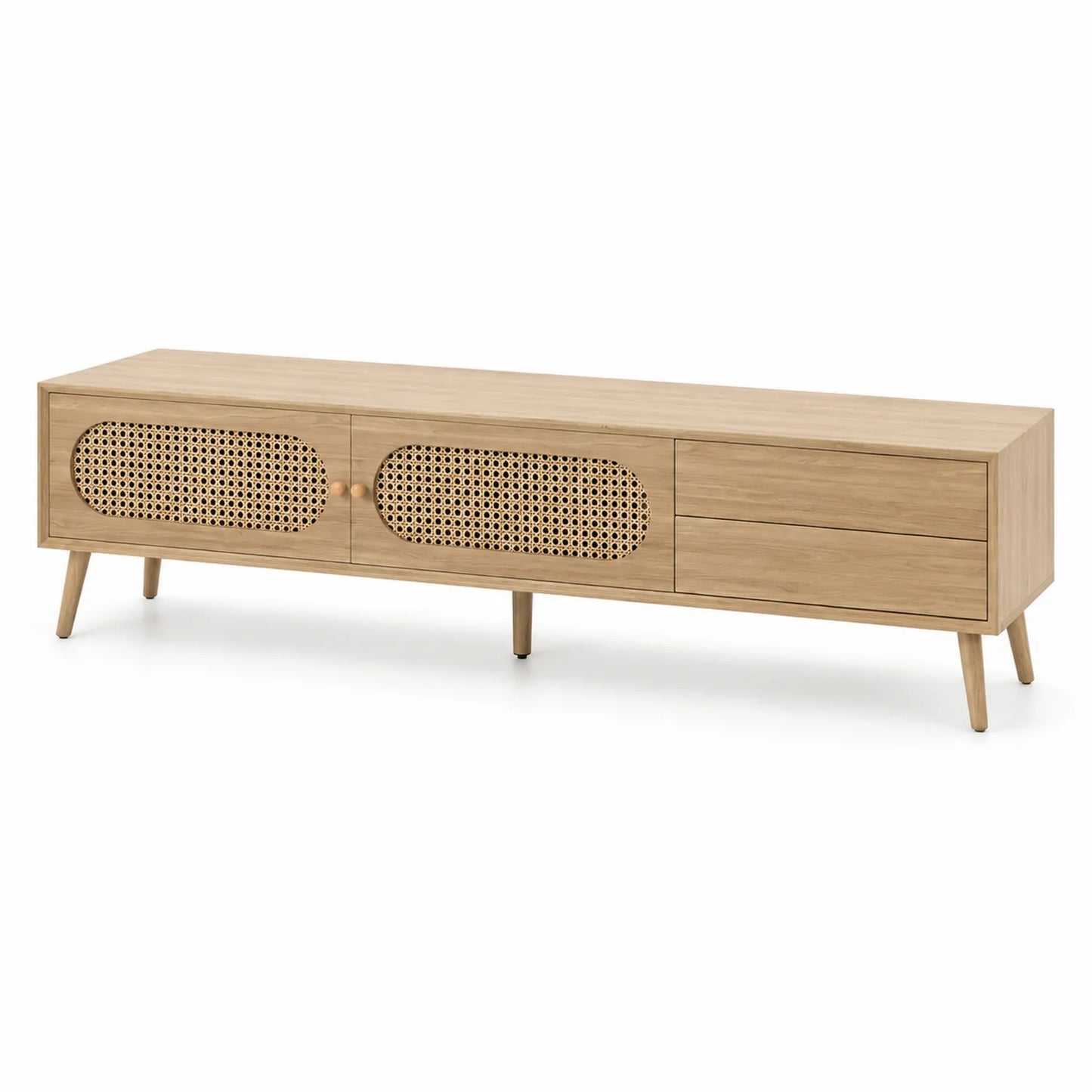 TV-Lowboard Holz mit Rattangeflecht und Schubladen