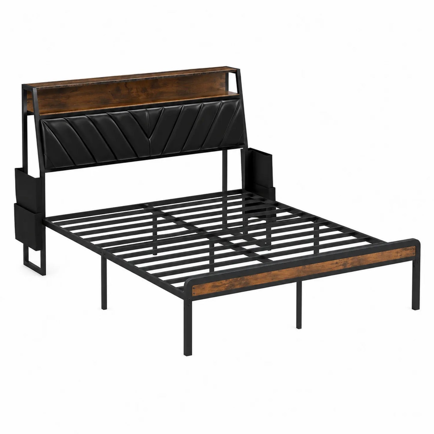 Metallbett mit Kopfteilpolsterung und Holzdetails 200x160 cm Schwarz/Braun