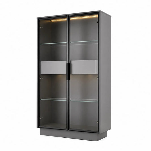 Vitrinenschrank Grau aus Metall und Gehärtetem Glas mit LED