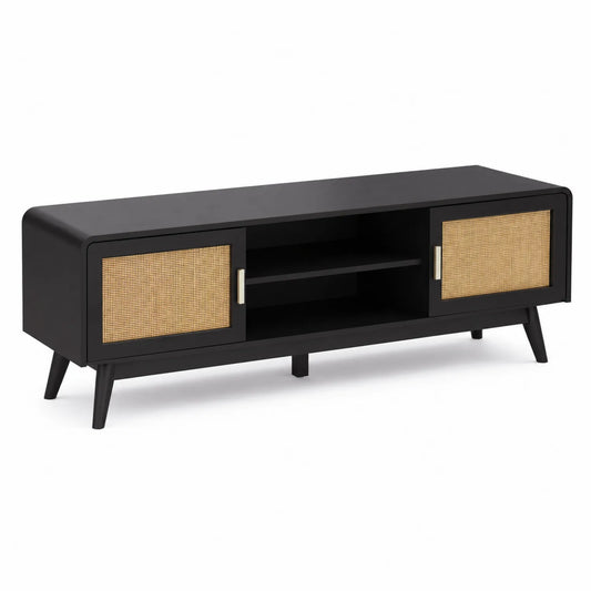 TV-Lowboard Schwarz MDF und Rattan 150x40x50 cm
