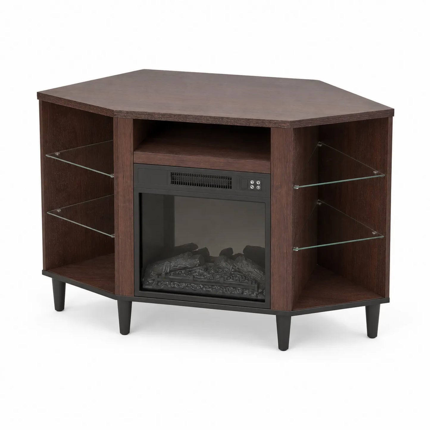Eck-TV-Schrank mit elektrischem Kamin und Glasregalen 120cm