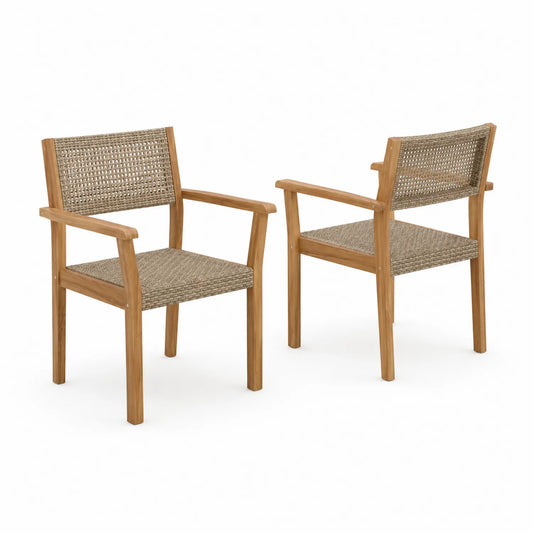 Stapelbare Outdoor-Stühle aus Teakholz und PE-Rattan, 2er-Set
