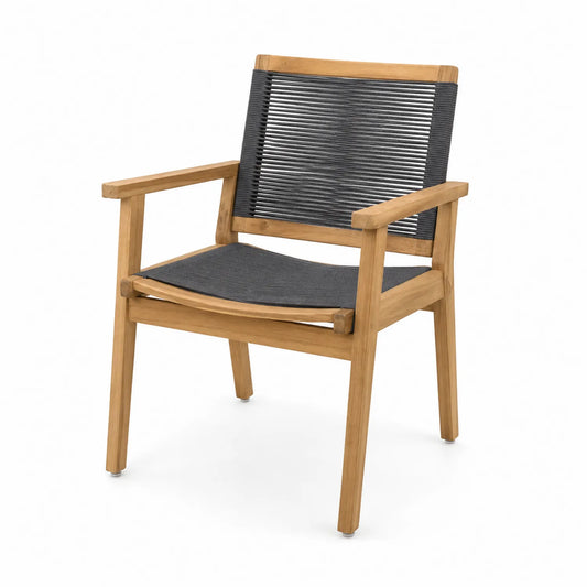 Holzstuhl mit Seilrücken und Sitzfläche, Teakholz und Polyesterriemen, 90cm Höhe