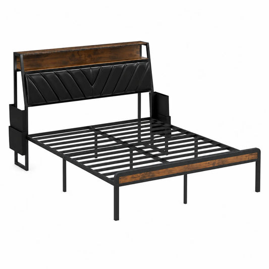 Metallbett mit Kopfteilpolsterung und Holzdetails 200x160 cm Schwarz/Braun