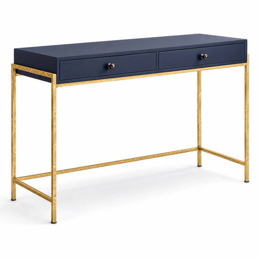 Konsolentisch aus MDF mit 2 Schubladen, Stahlrahmen, Blau, 110 cm