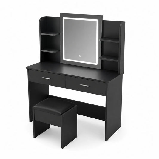 Schminktisch Set mit LED-Spiegel Schwarz Holz 120x40x140cm