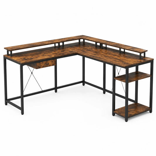 Eckschreibtisch aus Holzwerkstoff mit Metallrahmen, 140 x 130 x 75 cm, Braun/Schwarz