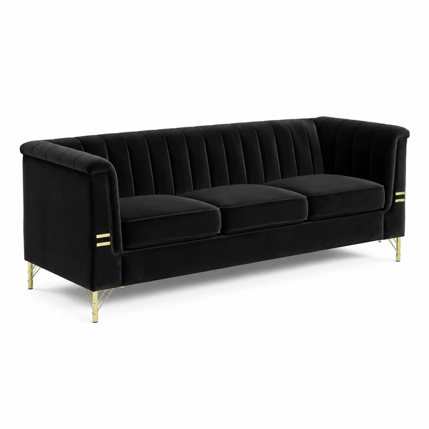 Schwarzes Samt-Dreisitzer-Sofa mit Goldenen Metallfüßen