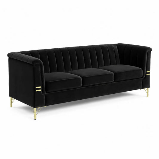 Schwarzes Samt-Dreisitzer-Sofa mit Goldenen Metallfüßen