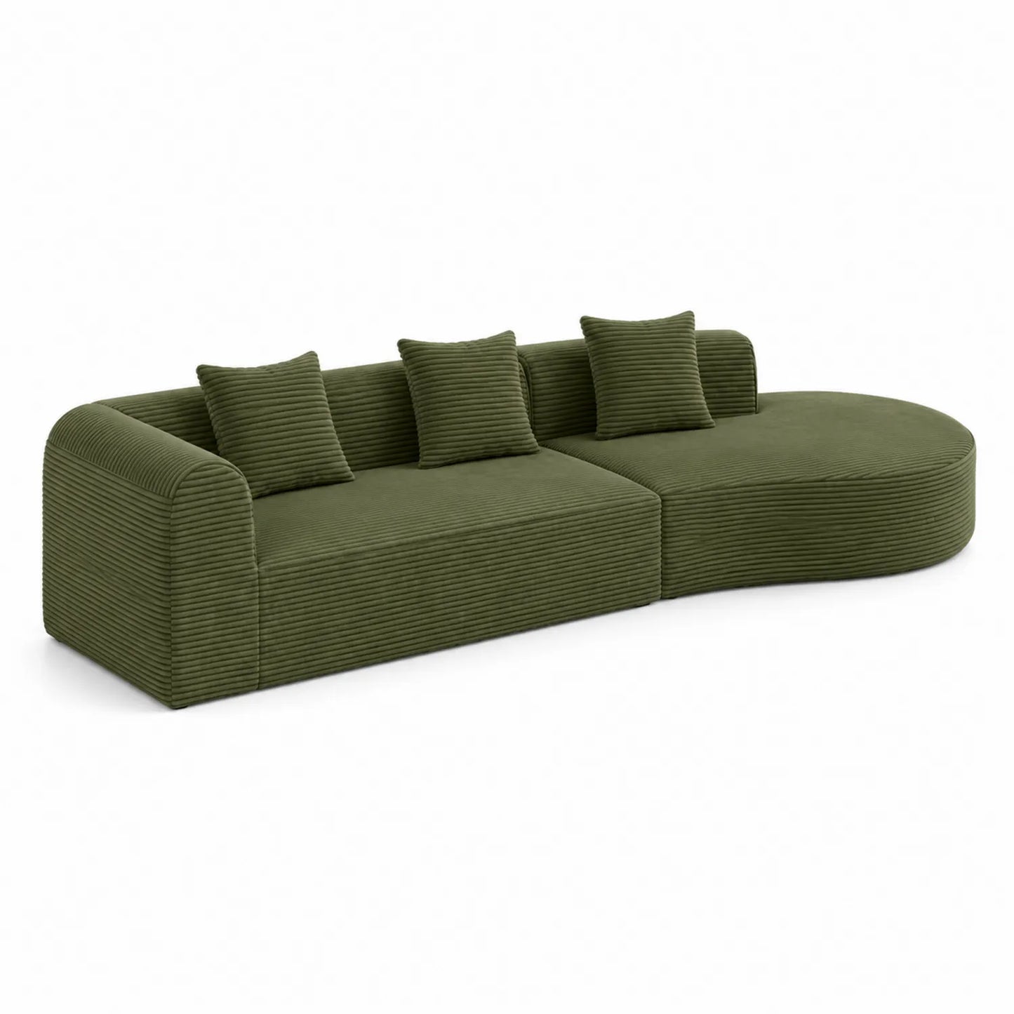 Ecksofa aus Cord in Grün mit Kissen 300x150cm