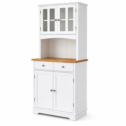 Weißer Hochschrank mit Eichenplatte und Glastüren