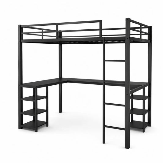 Metall Hochbett mit integriertem Schreibtisch Schwarz