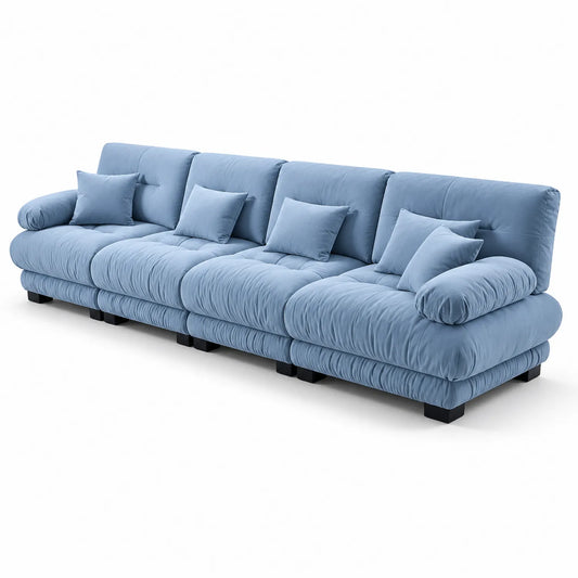 Großes blaues Sofa aus Samt mit Kissen 300 cm