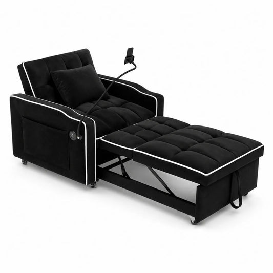 Schlafsofa Schwarz Velours mit Handyhalterung