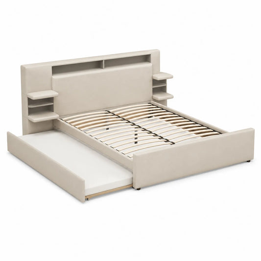 Doppelbett mit Stauraum und Regalen Beige 200x160 cm Massivholz
